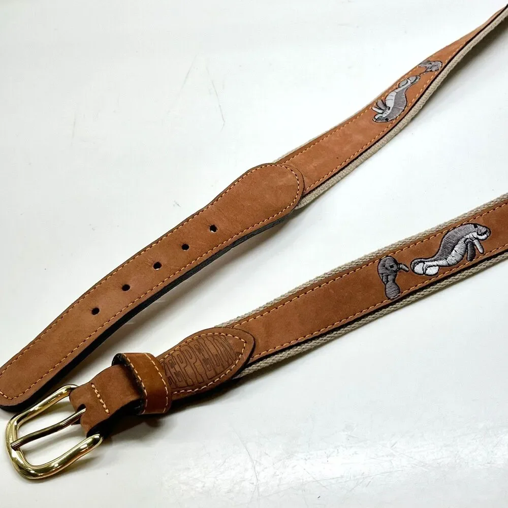 Vtg Zeppelin Mens Manatee Tan Brown Leather Belt Size 46 XL Nautical Brass USA